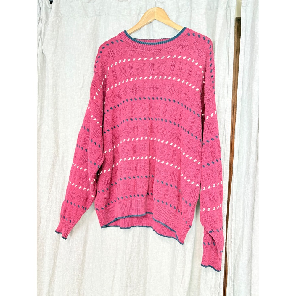 Andhurst Vintage Mens Brick Red Cotton Knit Geometric Sweater XL Made in USA